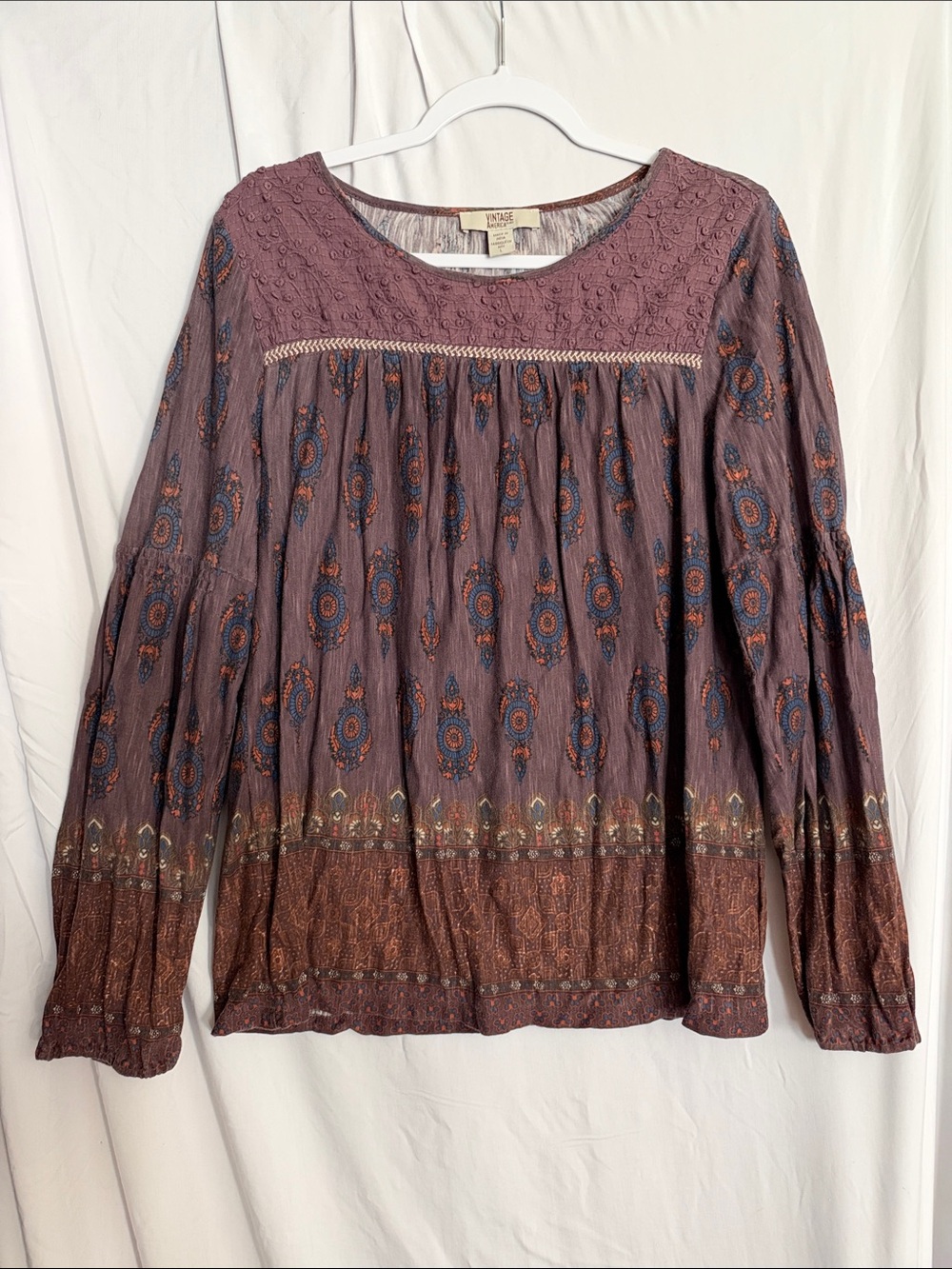 Vintage Mauve Printed Long Sleeve Peasant Top